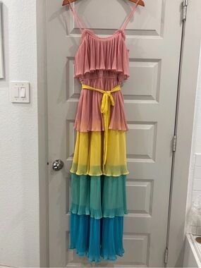Flying Tomato Pink Bodice Tiered Maxi Dress with Yellow, Green and Blue Skirt